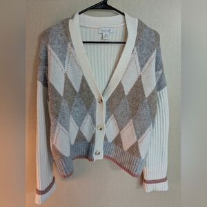 Rachel Zoe Argyle Cardigan - Cream, Gray, Brown